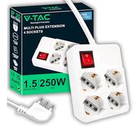 V-TAC Regleta múltiple de 4 enchufes con Interruptor y Cable de 1,5 m - 4 enchufes Frontales 10/16 A Schuko - Regleta Cuadrada - Toma de Corriente para casa, Oficina, Tienda - Enchufe 16 A
