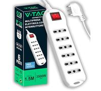 V-TAC Toma de Corriente múltiple Que Ahorra Espacio con 6 Tomas de Corriente con Interruptor y Cable de 1,5 m de Largo, súper Estable, 6 Tomas de Corriente de 10/16 A Bypass 2P+T, Enchufe 16 A, Toma