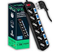 V-TAC Toma eléctrica múltiple, Color Negro, 6 enchufes con interruptores Independientes, 6 Tomas de Corriente, 10/16 A Bypass + Enchufe Schuko de 16 A, regleta de enchufes, Enchufe para el hogar