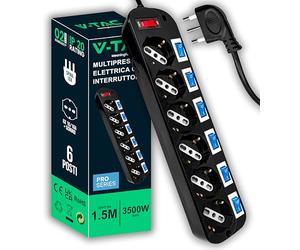 V-TAC Toma eléctrica múltiple, Color Negro, 6 enchufes con interruptores Independientes, 6 Tomas de Corriente, 10/16 A Bypass + Enchufe Schuko de 16 A, regleta de enchufes, Enchufe para el hogar