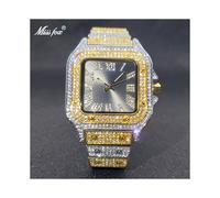 (V324-GSBL) MISSFOX Reloj cuadrado con diamantes de imitación, esfera estilo hip hop con efecto rayos