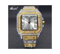 (V324-GSW) MISSFOX Reloj cuadrado con diamantes de imitación, esfera estilo hip hop con efecto rayos