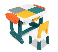 VA-Cerulean Mesa infantil de actividades con 1 silla y espacio de almacenamiento,mesa multifuncional de bloques de construcción con tablero de doble cara,escritorio,mesa de juegos para niños y niñas