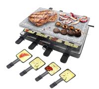 VA-Cerulean Raclette Grill Grillplatte 1400W Elektrogrill mit Naturgrillstein Antihaftbeschichteter Grillplatte 8 Pfännchen und Holzspatel Stufenloses Thermostat