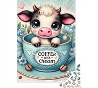 Vaca 1000 Piezas Papel Durable Vaca en Taza de café Puzzle para Adultos Adultos Portátil Noche De Juegos En Familia Rompecabezas Atractivo 52x38cm/1000pcs
