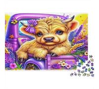 Vaca Adorable ilustración de Dibujos Puzzle de 1000 Piezas para Adultos Papel Campo de Flores Camión Vintage Morado Puzzle para Toda la Familia Relax Decoración Regalo 52x38cm/1000pcs