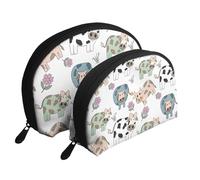 Vaca De Dibujos Animados Dibujados A Mano, Bolsa de Maquillaje de Concha, Monedero pequeño para Mujer, Bolsa de artículos de tocador, Bolsa de cosméticos, 2 Piezas