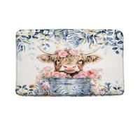 Vaca De Las Tierras Altas Azul Oro Acuarela Hojas De Eucalipto Flor Rústica Granja Animal Divertido Oeste Country Alfombra Baño Plegable Alfombrilla De Baño Felpudos Entrada para 40X60Cm