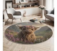 Vaca De Las Tierras Altas Con Flores En La Cabeza Alfombra Redondas 100cm, Arte Rural Escocés Tapete Redondo Antideslizante, Marrón Alfombra De área Redonda Para Salón Sofá Mesa Café Estudio Comedor