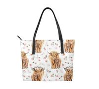 Vaca de las Tierras Altas escocesas con flores rosas de primavera,Bolso de mano de piel sintética, bolso tote de gran capacidad, bolso de hombro para mujer, ideal para el trabajo y los viajes.