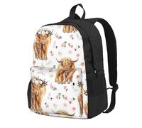 Vaca de las Tierras Altas escocesas con flores rosas de primavera,Mochila con bolsillos, mochila informal para el día a día, resistente al agua, ideal para la escuela, viajes