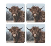 Vaca de Las Tierras Altas, Fauna Escocesa,Posavasos Cuadrados de Corcho MDF, Almohadilla para Tazas, Juego de 4 Posavasos para Bebidas