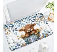 Vaca De Las Tierras Altas Hojas Eucalipto Azul Acuarela Planta Flor Granja Divertidos Animales Ganaderos Oeste Rústico Country Alfombra Plegable Felpudos Entrada Alfombrilla De Baño para 40X60Cm