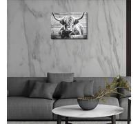 Vaca en blanco y negro, linda vaca de las Tierras Altas, arte de pared, imágenes de animales de pasto, impresiones en lienzo, arte de pared vintage (60x80cm/sin marco)