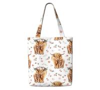 Vaca escocesa de las Tierras Altas con flores rosas de primavera,Bolsas de supermercado reutilizables, bolsas de compras, bolsas de lona de gran capacidad, bolso de hombro