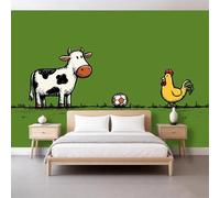 Vaca gallina balón de fútbol papel pintado fotográfico 500 x 280 cm tapiz de pared panorámico, animales de granja de dibujos animados papel pintado no tejido para sala de estar dormitorio de los niños