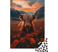 Vaca Highland de Cuernos Largos Puzzle de 1000 Piezas Papel para Adultos Paisaje del Valle al Atardecer Juego de Puzzle 1000 Piezas Relajación Familia Decoración Regalo 52x38cm/1000pcs