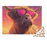 Vaca Highland Moderna Puzzle de 1000 Piezas Papel para Adultos Fondo Atardecer Puzzle para Toda la Familia Relajación Decoración Regalo 52x38cm/1000pcs