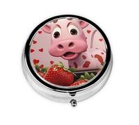 Vaca rosa con fresas. Este pequeño pastillero redondo impreso es un organizador portátil de pastillas y vitaminas perfecto para bolsillos, bolsos y viajes.