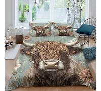 Vaca Rustic Highland Funda Nórdica Impresión 3D Microfibra Decoración Dormitorio Juego de Ropa de Cama Animal Suave Transpirable para Hogar Super King（260x220cm）