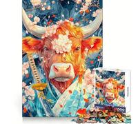 Vaca samurái con Flores de Cerezo Rompecabezas de 1000 Piezas para Adultos Ayuda a Mejorar la Memoria y Calma la Mente Diseño, Montaje y Regalo Creativo (50x75cm)
