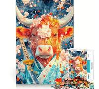 Vaca samurái con Flores de Cerezo Rompecabezas de 1000 Piezas para Adultos Ayuda a Mejorar la Memoria y Calma la Mente Diseño, Montaje y Regalo Creativo (50x75cm)