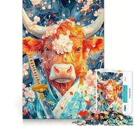 Vaca samurái con Flores de Cerezo, Rompecabezas de Animales de 1000 Piezas para Adolescentes, Juguete de lógica Fuerte, relajación Mental, Borde Transparente, Regalo Elegante (38x26cm)