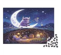 Vaca sentada en la Luna Dibujo Animado Puzzle de 1000 Piezas Papel Puzzle para Adultos Noche Casa subterránea Cuento Relajación Concentración Hogar 70x50cm/1000pcs
