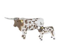 Vaca y ternero de cuernos largos de Big Country Farm Toys - Escala 1:20 - Pintados a mano - Juguetes de granja - Animales de granja