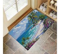Vacaciones Tropicales Felpudo Antideslizante - Pintura Óleo Palmeras Flores Silvestres Trampa de Tierra Felpudo Exterior e Interior para una Entrada Limpia - Fácil de Cuidar - Azul Claro