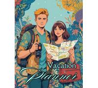 Vacation Planner: Illustration of a Man with a Camera and Backpack, and a Woman with a Map and Handbag in Multi-Colored Abstract Design