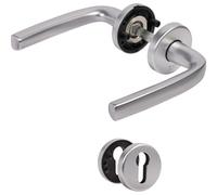 Vachette I Logio - Juego de manija de puerta sobre rosetones para puerta de entrada, bodega, oficina, garaje, material de aluminio resistente, acabado plateado