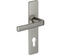 Vachette - Juego de manija de puerta sobre placa KAZA - Versión llave I para puerta cojinete, distancia entre ejes 165 mm - Montaje fácil - de aluminio - Placa reforzada con subplaca - Plata