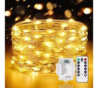 Vacoulery Guirnalda Luces, 10M Luces LED Pilas Impermeable Exterior Interior, 100LED Cadena Luces con Timer 8 Modos de Iluminación para Navidad Guirnalda Jardín Habitación Terraza, Blanco Cálido