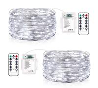 Vacoulery Guirnalda Luces Pilas, Luces LED Pilas, 2 x 10M 100LED Luces de Cadena Micro de Alambre Guirnaldas 8 Modos Luces de Hadas para Decoración Interior Bodas Fiesta de Navidad, Blanco Frio