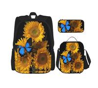 vacsAX Alien Smoke Mochila impermeable ligera (juego de 3 piezas) con bolsa de almuerzo, estuche para lápices para oficina y escuela, Girasoles amarillos con mariposas azules, Talla única