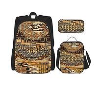 vacsAX Alien Smoke Mochila impermeable ligera (juego de 3 piezas) con bolsa de almuerzo, estuche para lápices para oficina y escuela, Patchwork estilo africano, Talla única