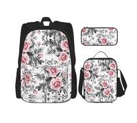 vacsAX Alien Smoke Mochila impermeable ligera (juego de 3 piezas) con bolsa de almuerzo, estuche para lápices para oficina y escuela, Acuarela Blanca Floral Rosa, Talla única