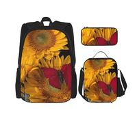 vacsAX Alien Smoke Mochila impermeable ligera (juego de 3 piezas) con bolsa de almuerzo, estuche para lápices para oficina y escuela, Girasoles amarillos con mariposa roja, Talla única