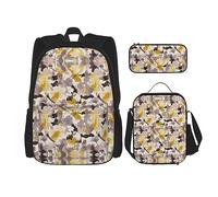 vacsAX Animal Rhino Mochila impermeable ligera (juego de 3 piezas) con bolsa de almuerzo, estuche para lápices para oficina y escuela, Flor gris amarilla, Talla única
