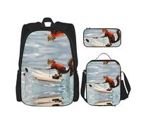 vacsAX Animal Rhino Mochila impermeable ligera (juego de 3 piezas) con bolsa de almuerzo, estuche para lápices para oficina y escuela, Esquí acuático Zorro Ardilla, Talla única