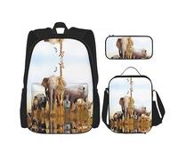 vacsAX Animal Rhino Mochila impermeable ligera (juego de 3 piezas) con bolsa de almuerzo, estuche para lápices para oficina y escuela, Safari Animal, Talla única