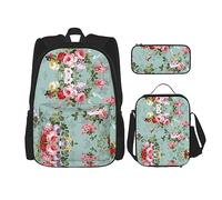 vacsAX Animal Rhino Mochila impermeable ligera (juego de 3 piezas) con bolsa de almuerzo, estuche para lápices para oficina y escuela, Flores florales vintage, Talla única