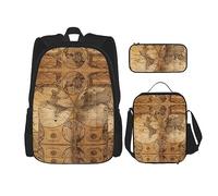vacsAX Animal Rhino Mochila impermeable ligera (juego de 3 piezas) con bolsa de almuerzo, estuche para lápices para oficina y escuela, Mapa del viejo mundo vintage, Talla única