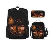 vacsAX Animal Rhino - Mochila ligera e impermeable (juego de 3 piezas) con bolsa de almuerzo, estuche para oficina y escuela, Bandera estadounidense con botas vaqueras, Talla única, moderno