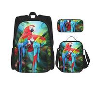 vacsAX Animal Rhino - Mochila ligera e impermeable (juego de 3 piezas) con bolsa de almuerzo, estuche para oficina y escuela, Loros de dos colores, Talla única