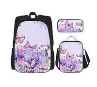 vacsAX Beauty Daisy - Mochila ligera impermeable (juego de 3 piezas) con bolsa de almuerzo, estuche para lápices para oficina y escuela, Hermoso arte de mariposa morada, Talla única