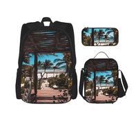 vacsAX Beauty Daisy - Mochila ligera impermeable (juego de 3 piezas) con bolsa de almuerzo, estuche para lápices para oficina y escuela, Palmeras de playa, Talla única