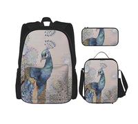 vacsAX Beauty Daisy - Mochila ligera impermeable (juego de 3 piezas) con bolsa de almuerzo, estuche para lápices para oficina y escuela, Hermoso pavo real, Talla única