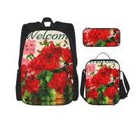 vacsAX Blue Shining Stars Mochila impermeable ligera (juego de 3 piezas) con bolsa de almuerzo, estuche para lápices para oficina y escuela, Geranios rojos, Talla única